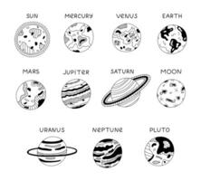 Childish black and white set with planets, stars and satellite of Solar System in sequence. Doodle with hand drawn outline of astronomy celestial bodies for kids infographic, universe placard. vector