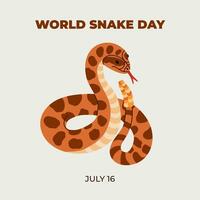 Minimalistic cute banner for World Snake Day at 16th of July with cartoon rattlesnake, typography. Holiday concept for website, poster, background, card to raise awareness about importance of snakes. vector