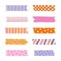 Cartoon set of washi tape stripes with squiggle, geometry and cute pattern. adhesive tapes with colorful hand drawn memphis ornament. Trendy decorative scotch tape with ragged edges. vector
