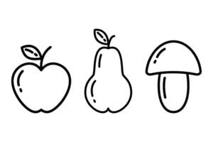 Outline Apple, Pear and Mushroom in minimalistic style. Autumn seasonal fruit. Logo icon design idea. Isolate EPS . Sticker, cards, poster, banner, brochure, price, label or web, promo concept vector