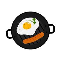 Home breakfast Fried egg with microgreens and spices and sausage in grill pan. Top view Promo idea. Isolated EPS. Menu cards, poster, banner, brochure or web, price tag, label design concept vector