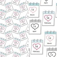 Seamless pattern of calendar pages with love holidays date 14 February, 14 March and 14 April. St Valentines Day, White and Black Day. Set of 2. Isolate. EPS. for wallpaper, wrapping or web vector