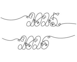 Hand lettering continuous line Dates 2025 2026 with hearts and flowers in minimalist style. Set of 2. Isolate. EPS. Greetings cards, poster, banner, brochure, price, label or web, promo design concept vector