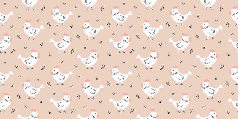 Cute pattern with chicken and doodle flowers