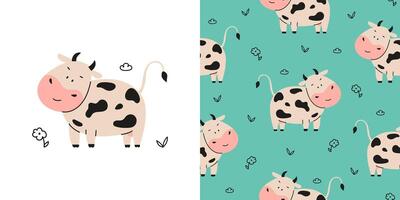 Cute cow seamless pattern with flower and leaf vector
