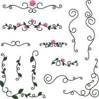 set of swirl elements with pink roses with green leaves vector