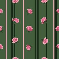 pattern with pink flowers roses on a light green background with vertical stripes vector