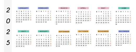 English calendar 2025 year. horizontal stationery calendar week starts Monday in modern bright colors. Yearly organizer. Simple calendar template in minimal design. Business illustration. vector