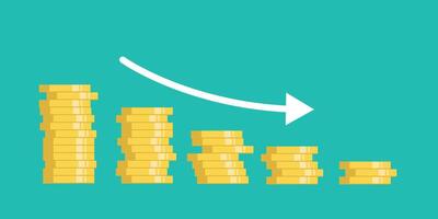Stacked coins with financial chart showing investment decline. illustration vector