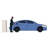 Electric car charging at the charger station with a young bearded man. vector
