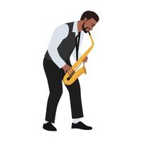 Happy bearded saxophonist plays music on sax in elegant suit. vector