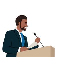 Confident man behind podium during stage speech. vector