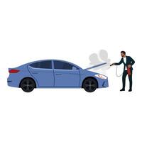 Young driver with a fire extinguisher trying to put out the fire in a car engine. vector