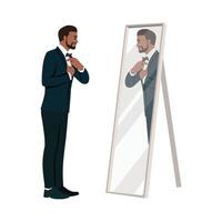 Young businessman putting on necktie while looking in the mirror and standing. vector
