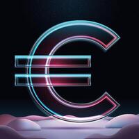 Realistic 3D rendering big glass Euro sign. European currency with neon glow and sparkles insight. Futuristic winter illustration vector
