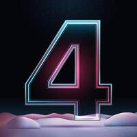 3D number 4 with neon light insight. Glass symbol with sparkles and winter background. Futuristic holiday decoration. Element for design poster, advertisign or game vector