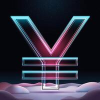 Realistic 3D rendering big glass Jena and Yuan sign. Asian money sing with neon glow and sparkles insight. Futuristic winter illustration vector