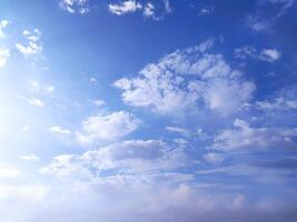 Clear blue sky texture and white fluffy cloud nature background. The sun shines bright in the daytime in summer photo