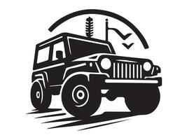 a black and white image of a jeep with a wheat field vector