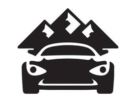 a black and white image of a car with mountains in the background vector