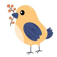 Cute bird holding branch with red autumn berries. Beautiful birdie standing with sprig of pretty plant. Colored flat illustration isolated on white background. vector
