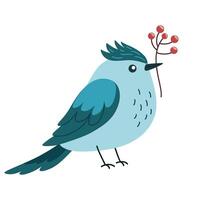 Cute bird holding branch with red autumn berries. Beautiful birdie standing with sprig of pretty plant. Colored flat illustration isolated on white background. vector