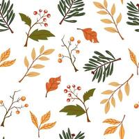 Autumn season plants flat seamless pattern. Dried leaves and branches texture. Blueberries twigs on white background. Herbarium backdrop. Fall season wild forest berries wrapping paper design. vector