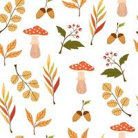 Fall flat seamless pattern. Autumn decorative background with pumpkins. Forest leaves and mushrooms texture. Fall season foliage and berries wrapping paper, textile, wallpaper design vector