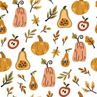 Autumn leaf pattern. Seamless fall background with abstract foliage, pumpkins, leaves. Endless floral botanical texture design, repeating print. Flat illustration for textile, wallpaper vector