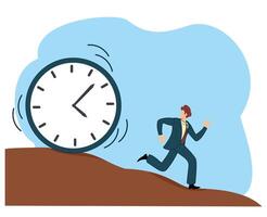 time management concept or tried businessman running away from falling rolling huge clock down hill vector