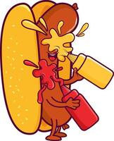 Cartoon hot-dog character holding bottles of mustard and ketchup and splashing itself with sauces. Fast food sandwich with sausage and sauces. vector