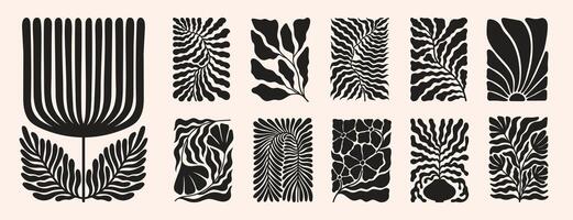 Modern poster with retro 70s vibes, showcasing a groovy floral pattern. Matisse-style leaf shapes and organic doodles create a vibrant and dynamic design. vector