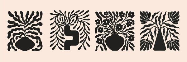 Abstract poster with groovy floral patterns. Matisse-inspired shapes, and organic doodles. Flower in contemporary potters vector