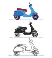 set of scooters in different illustration, with color, silhouette and line art vector