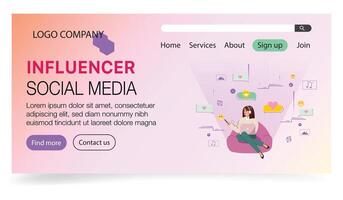 Social Media Influencer Service Page. Webpage design for influencer services, displaying a woman interacting with various social media icons on a pink-to-purple gradient background. vector