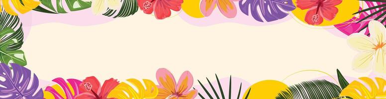 Summer banner with horizontal layout with lush tropical foliage on the edges. Monstera and palm leaves interweave with colorful plumeria and hibiscus flowers vector