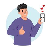 Man showing his smartphone with 25k likes and giving a thumb up, symbolizing the achievement of a viral post on social media vector