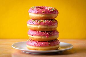 Stack of pink doughnuts on the plate photo