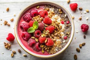 A smoothie bowl topped with raspberries, granola, seeds, and chia, captured from a top view on a light background photo