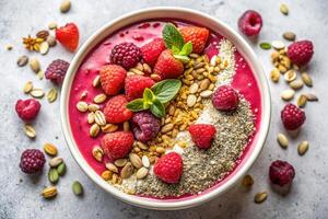 A smoothie bowl topped with raspberries, granola, seeds, and chia, captured from a top view on a light background photo
