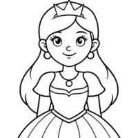 Cute cartoon princess wearing a crown and smiling, Black and white drawing of a princess wearing a crown and smiling vector