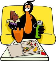 cartoon black duck character eating junk food vector