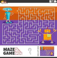 maze activity game with cartoon robots characters vector