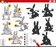 finding shadows game with cartoon rabbits characters vector