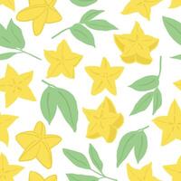 Carambola fruit and leaves on white background seamless pattern. Summer design for fabric, textile, wrapping paper, packaging vector