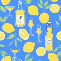 Bright seamless pattern with lemons and limoncello. Tropical summer print for fabric, textile design, wrapping paper, cover vector