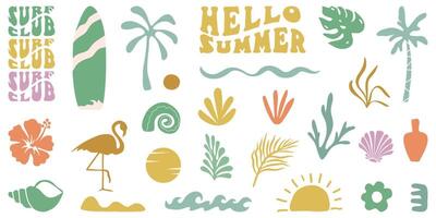 Retro Groovy Surf Club in trendy Boho style. Naive Geometric Summer Palm Tree. Simple background of sun sea. Retro Summer Beach Hand Drawn isolated illustration. Vintage Surf Club. illustration vector