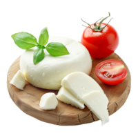 White Cheese with Tomatoes on Wooden Plate on Transparent Background png