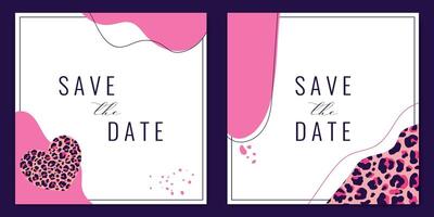 Save the date card templates decorated with leopard print, lines and shapes. illustration vector