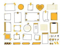 Doodle paper notes set in yellow color. Paper sheets, stickers, notepads and pins. For to do list and memo. illustration vector